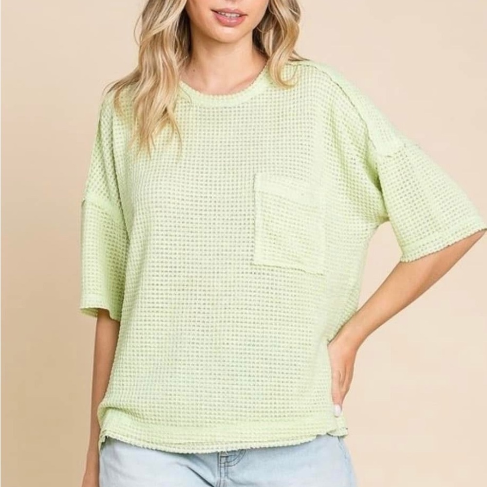 Relaxed Waffle Knit Pocket Top in Light Green - Women